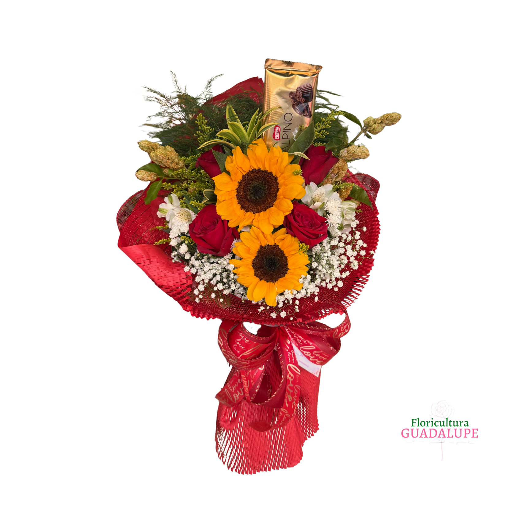 Buqu� Debout - 2 Girass�is e 4 Rosas Vermelhas