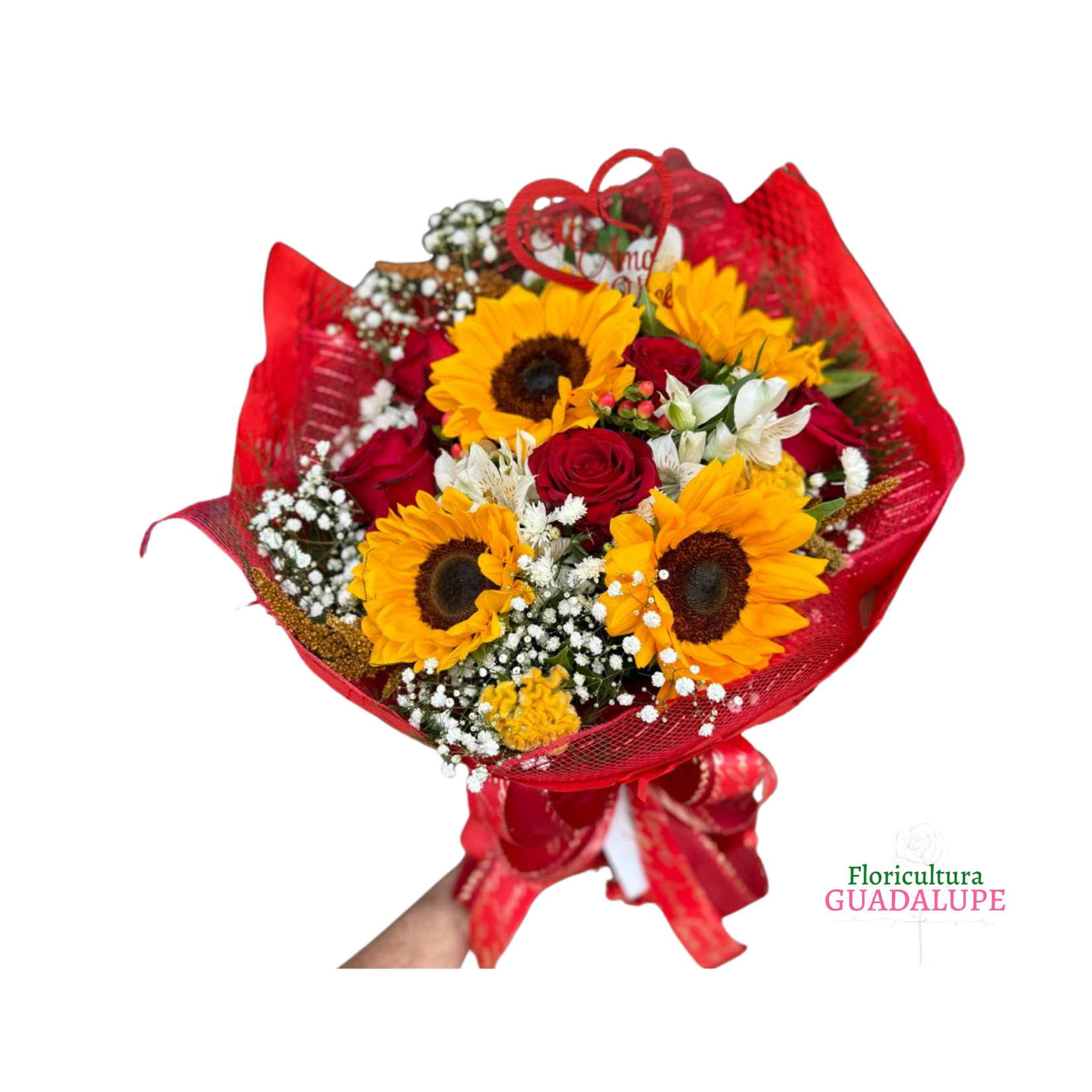 Buqu� de 4 Girass�is e 5 Rosas Vermelhas